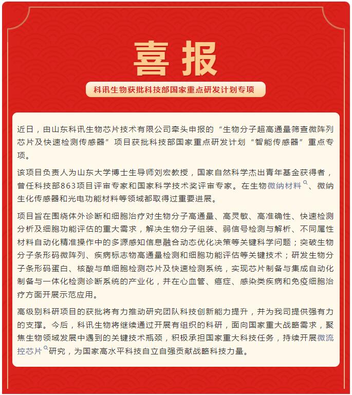 科訊生物獲批2023年度國家重點研發(fā)計劃重點專項